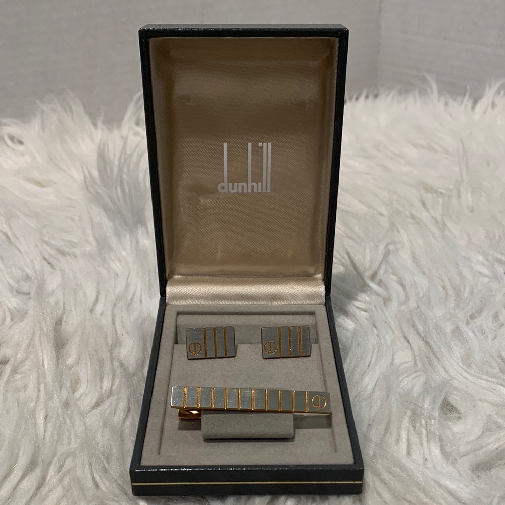 DUNHILL Silver and Gold Tone Cufflinks with Matching Tie Clip Vintage